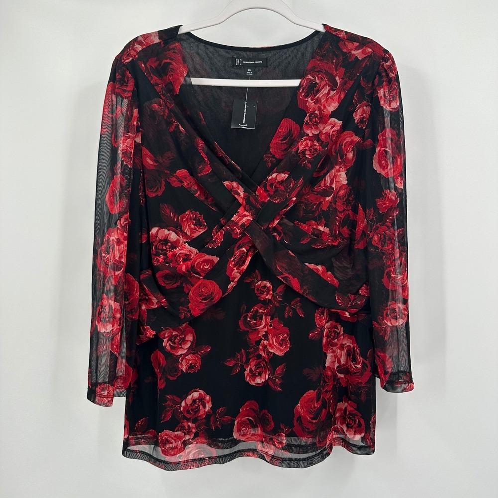 Womens Dark Floral‎ Romantic Top Size XXL Mesh Overlay Coquette Bold Statement